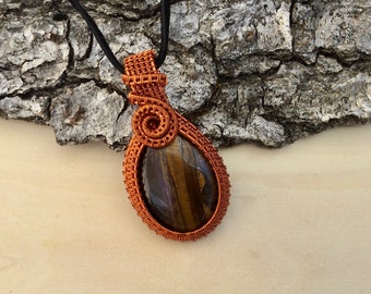 Tiger’s Eye Wire Wrapped Pendant, Copper Wire Wrap, Brown Stone Healing Crystal Pendant