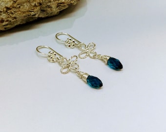 Blue Earrings, Glass blue Earrings, Blue Dangle Earring, Sterling Silver, Women Earrings