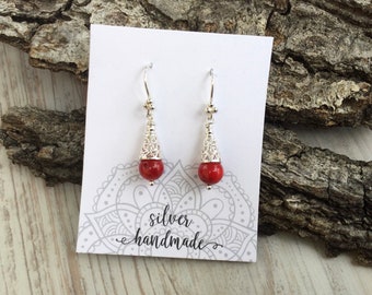 Red Coral Earrings, Coral Earrings, Red Coral Jewelry,Sterling Silver, Red Earrings