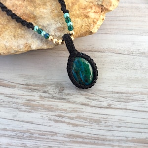 Chrysocolla Pendant Necklace, Gemstone Crystal Pendant, Macrame Wrapped Necklace, Green Stone Pendant