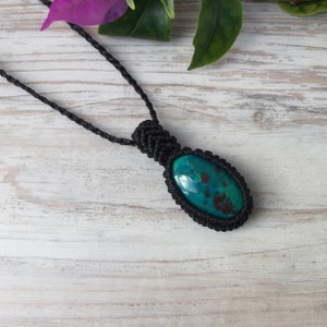 Blue Chrysocolla  Necklace, Turquoise Chrysocolla Pendant, Gemstone Crystal Pendant, Macrame Wrapped Necklace, Green Stone Pendant