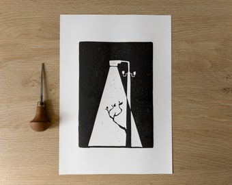 Light pole, original linocut on paper, handmade and signed, limited edition, modern artwork, block print, relief print