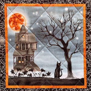 Quilted Halloween Table Topper, Haunted House and Black Cat, Item 534 ...