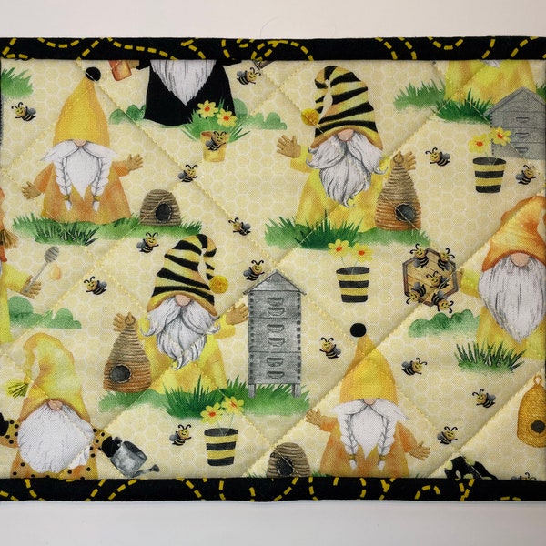 Quilted spring mug rug, gnomes and bees snack mat, black and yellow, item #1479