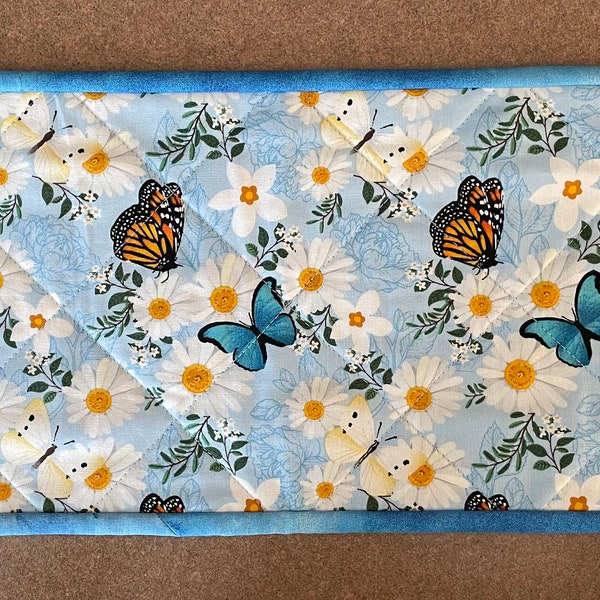 Quilted spring toilet tank topper, blue and white butterflies and daisies, spring bookcase runner, item #1466