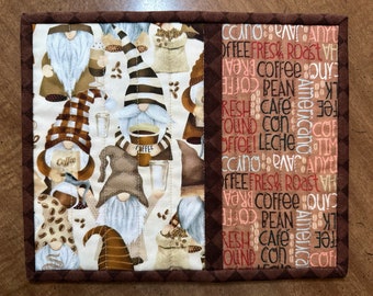 Quilted coffee gnome mug rug, coffee words, beige and brown snack mat, item #1332