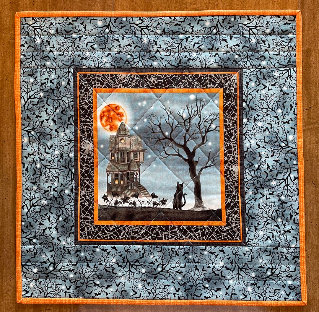 Quilted Halloween Table Topper, Haunted House and Black Cat, Item 534 ...