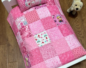 Handmade pink scrappy doll quilt, Valentine's Day, for AG 18" doll, 20" by 20",  Item #1524