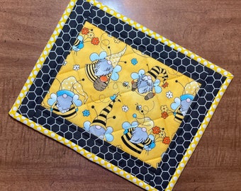 Quilted gnome and bees mug rug, yellow snack mat, item #1076