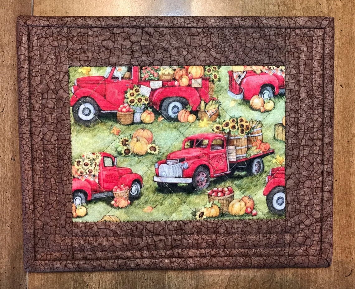 Quilted mug rug with red truck fall decor sunflowers old Etsy