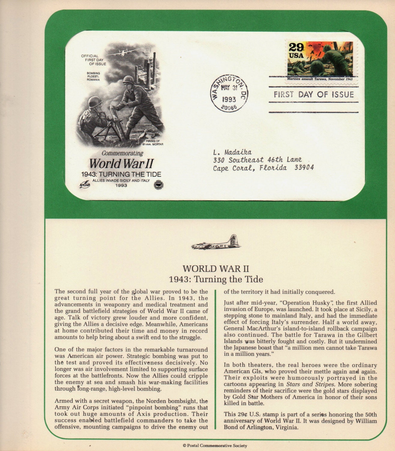 Vintage USPS sellos coleccionables, Segunda Guerra Mundial, 1943 Mesa