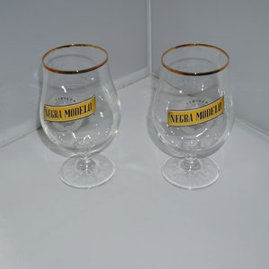 Set of 2 Vintage Negra Modelo Gold Rim Beer Glasses | Chalice Style Collectible Barware