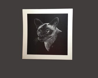 Vintage Siamese Cat Lithograph Print by C. Hill (11x11), Cat Wall Decor