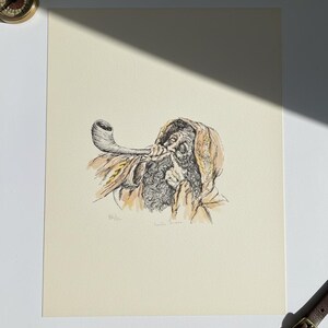 Moses blowing a Shofar, Pencil Signed/Numbered, Linda Gross, Vintage Art Lithograph