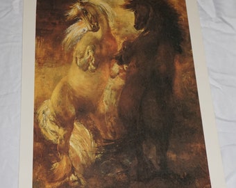 vintage, « chevaux sauvages » par Vilmon, art cheval brun et blanc, lithographie couleur originale