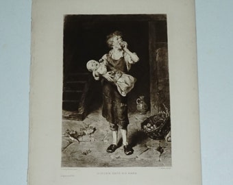 Vintage "Hunger Hath No Ears" Etching: Gilbert after Knaus, 1890 Magazine Art