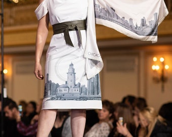 CHICAGO Skyline DRESS Wearable ART created by Alesia C. Chicago Fashion Designer Inspired by Original Fine Art of Artist Alesia's Father