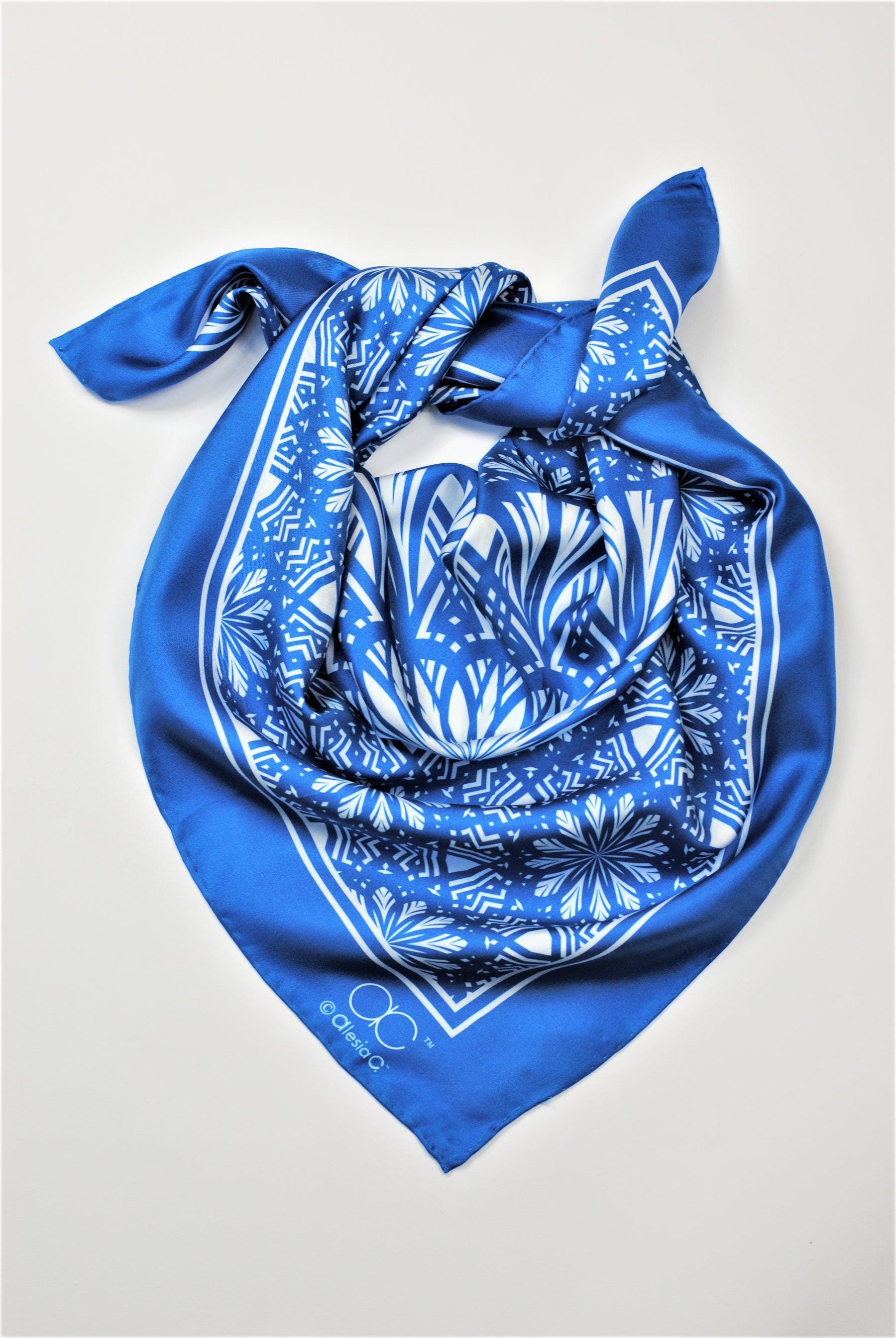 小物 Hand Printed Silk Scarf - blue Blue Mandala Silk Scarf: Designer Square Scarf, Hand-rolled Hem - Etsy