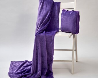 Manta de viaje de terciopelo morado: manta de felpa para coche y avión