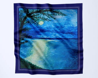 Sunrise Nautical Silk Scarf: Navy Blue Designer Shawl