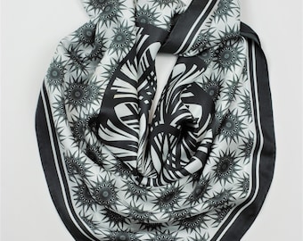 Silk Square Scarf: Black & White Mandala, Hand-Rolled Hem (34x34/21x21)