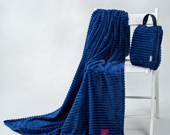 Manta de viaje de terciopelo azul marino: bolsa de almohada de felpa, 50 x 60