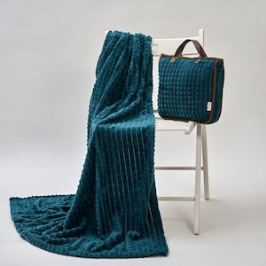 Limited Edition Travel Blanket, Cozy Pillow & Bag in Ocean Blue Plaid Velour Plush | Flights, Road Trip, Cozy Night Gift for Traveler