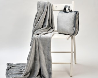 Manta de viaje de terciopelo gris: Set de regalo de manta de felpa para coche y avión