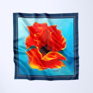 Exclusive Poppy Flower of Inspiration Art-A-Porte Designer Silk Scarf in Red & Blue | Floral Accessory Hijab | Gift for Her Wife Girlfriend