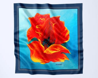 Poppy Flower Silk Scarf: Red & Blue Floral Art-A-Porte Accessory