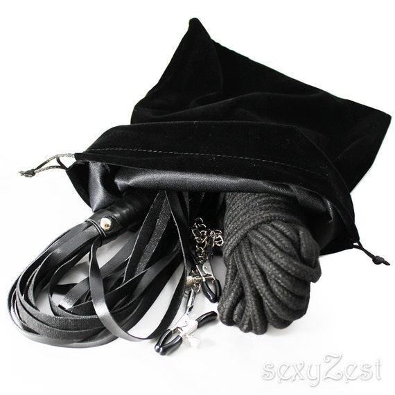 Adult Play Bondage Set : Nipple Clamps Clips, Soft Cotton Bondage Rope,  Whip, and Blindfold in Black Velvet Bag by Sexyzest 