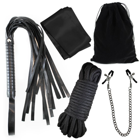 Adult Play Bondage Set : Nipple Clamps Clips, Soft Cotton Bondage Rope, Whip,  and Blindfold in Black Velvet Bag by Sexyzest 