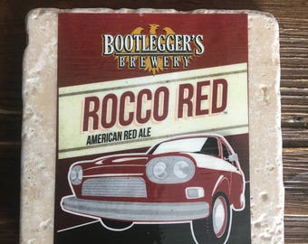 Bootlegger's Brewery Rocco Red Ale 4"x4" Travertine Stone Beverage Coaster