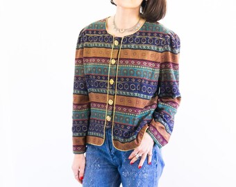 Vintage 80s Rayon Blouse Jacket: Abstract Pattern, Gold Trim