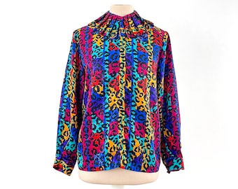 Vintage 80s Satin Blouse: Colorful Animal Print Ruffle Collar