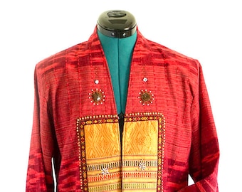 Vintage Red Boho Cotton Jacket: Embroidered Beaded Tassels, Medium