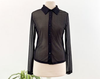 Vintage 90s Sheer Black Blouse: Semi-Opaque Party Top