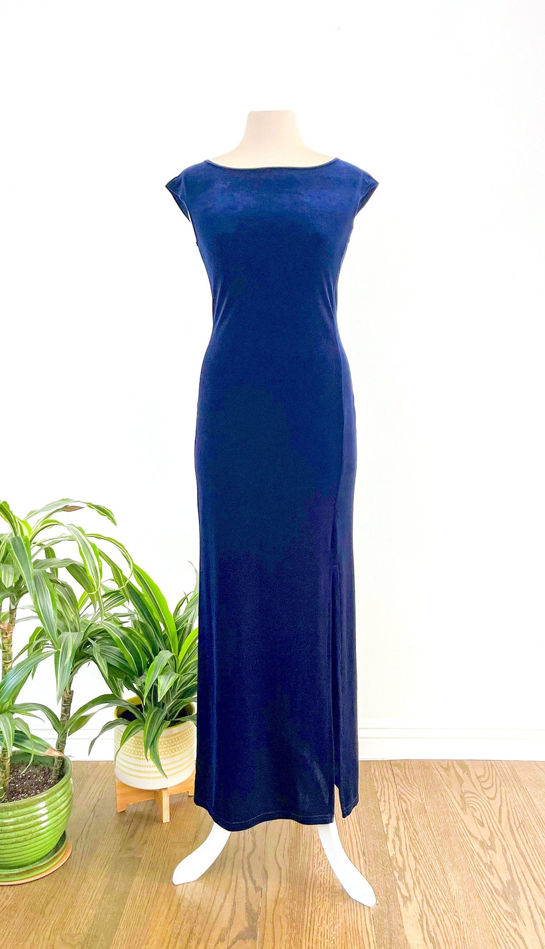 Vintage Dress, Blue Velvet Dress, Bodycon Dress, Maxi Dress, Velvet