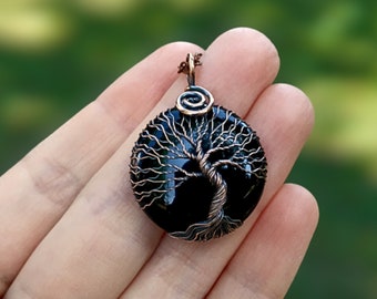 Copper Anniversary Gift for Men, Tree Of Life Wire Wrapped Pendant, Copper Black Onyx Amulet for Wicca and Divination, Sacred Pagan Symbol
