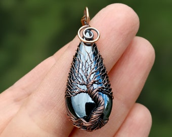 Hematite Necklace Tree Of Life Pendant, Copper Wire Wrapped Protection Amulet Necklace, Viking Yggdrasil Jewelry, Scandinavian Mythology