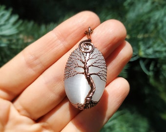 White Cats Eye Norse Viking Wire Wrapped Tree Of Life Necklace, Scandinavian Protection Amulet, Celtic Yggdrasil Pendant, Viking Jewelry