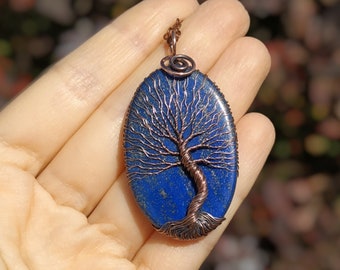 Lapis Lazuli Witchy Necklace, Tree Of Life Crystal Pendant, Protection Forest Talisman Necklace for Wicca, Divination and Meditation