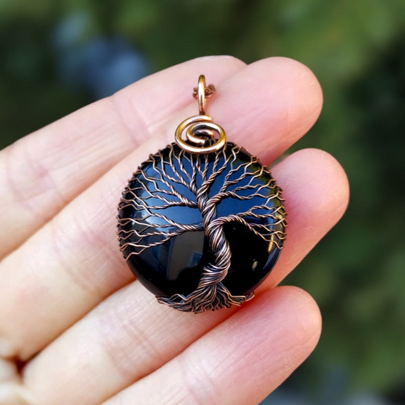 Tree Of Life Protection Necklace with Black Onyx Stone, Wire Wrapped Copper Jewelry for Empath Protection and Grounding, Crystal Pendant image 6