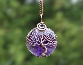 Amethyst Tree Of Life Necklace Pendant, Viking Jewelry, 7th Anniversary Gift, Empath Protection Amulet Necklace, Copper Anniversary Gift