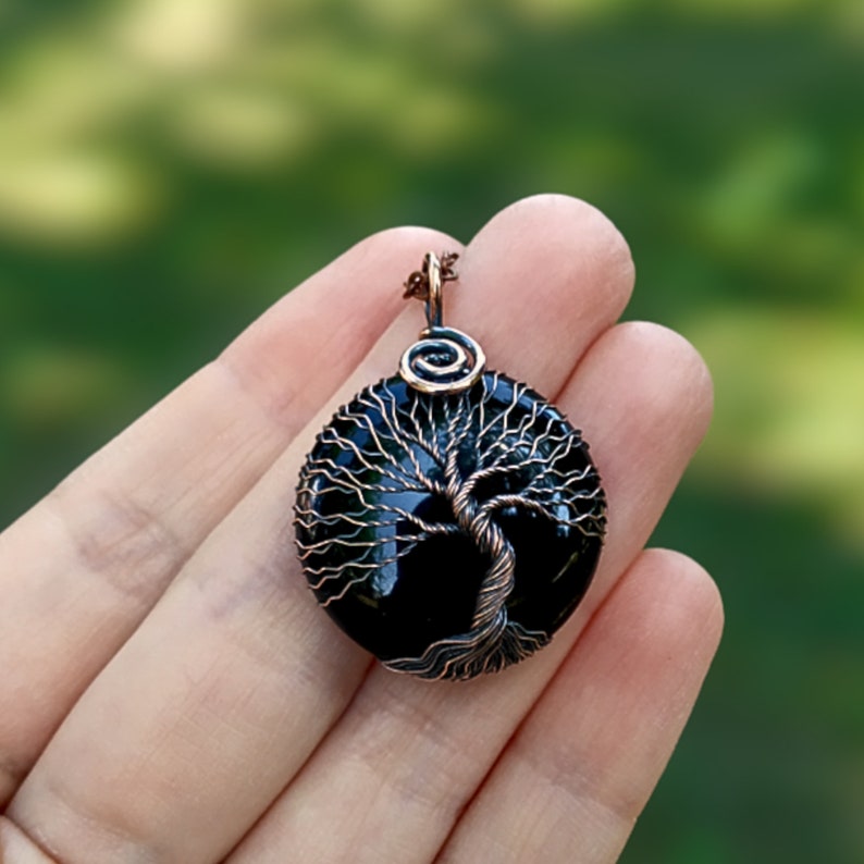 Tree Of Life Protection Necklace with Black Onyx Stone, Wire Wrapped Copper Jewelry for Empath Protection and Grounding, Crystal Pendant image 3