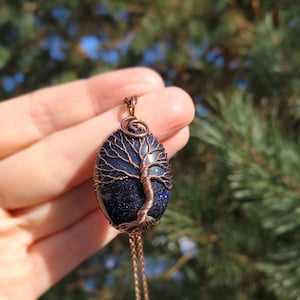 Blue Goldstone Tree Of Life Pendant: Spiritual Jewelry for Anxiety Relief 20th Wedding Anniversary Gift for Her 20 Year Anniversary Gift image 1