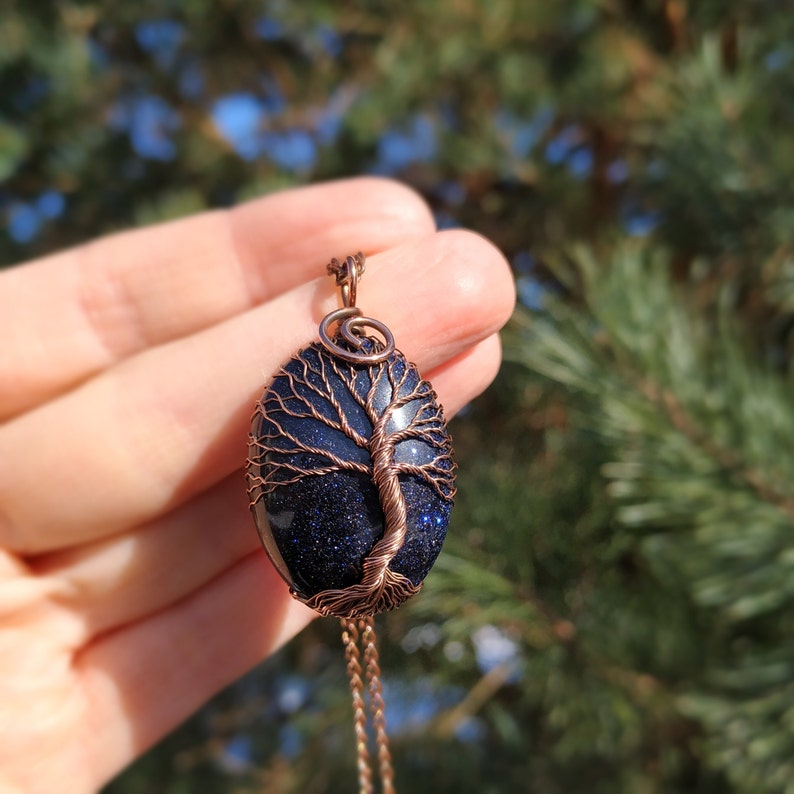 Blue Goldstone Tree Of Life Pendant: Spiritual Jewelry for Anxiety Relief 20th Wedding Anniversary Gift for Her 20 Year Anniversary Gift image 1