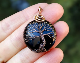 Tree Of Life Pendant with Black Onyx Gemstone, Copper Protection Amulet Necklace, Viking Yggdrasil Tree Necklace, Ancient Symbol Talisman