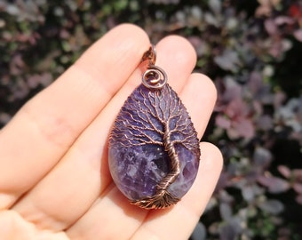 Tree Of Life Amethyst Crystal Pendant Rustic Necklace for Birthday Gift Woman, Nature Inspired Rustic Jewelry, Protection Talisman Necklace