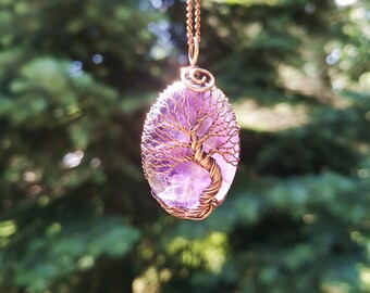 Amethyst Crystal Wire Wrapped Tree Of Life Necklace - Elegant Copper Anniversary Necklace for Wife - 7th Wedding Anniversary Gift for Her